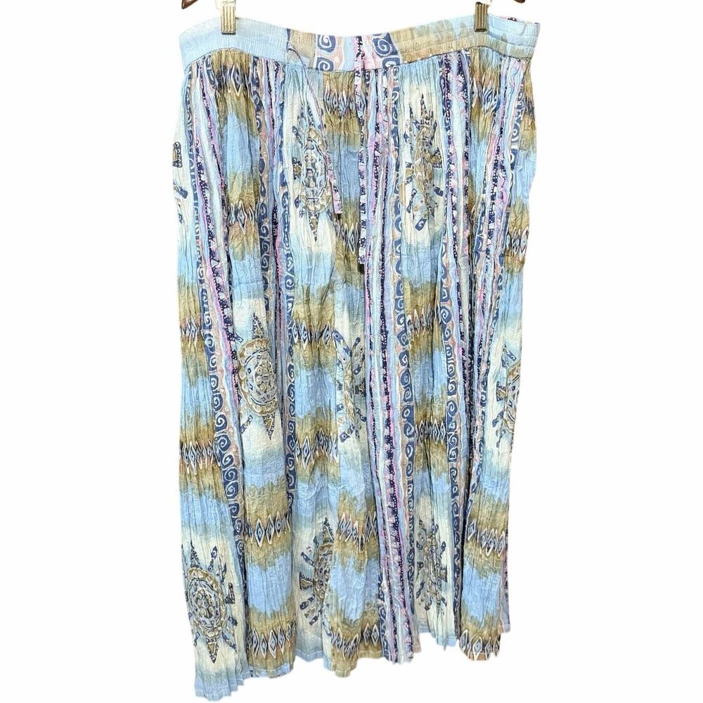 Vintage Boho 100% Cotton Crinkle Maxi Skirt Blue Green Drawstring Waist medium